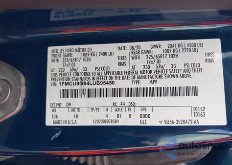 2020 Ford Escape Se from USA, damaged, VIN 1FMCU9G64LUB95450